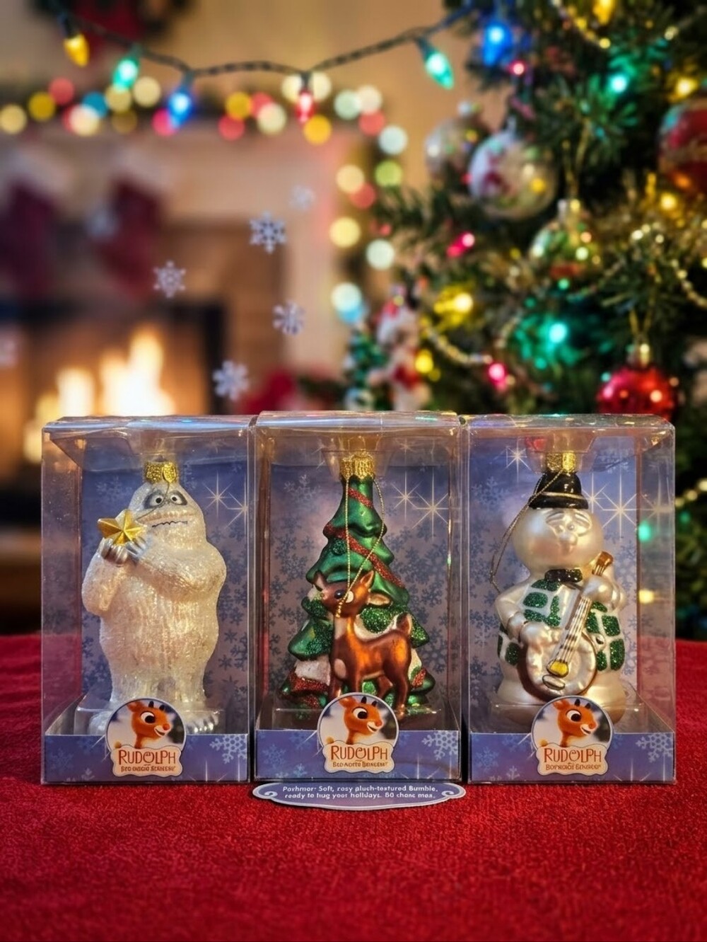 Rudolph Red Nosed Reindeer Glass Christmas Ornament Set 3 NIB Bumble & Tree